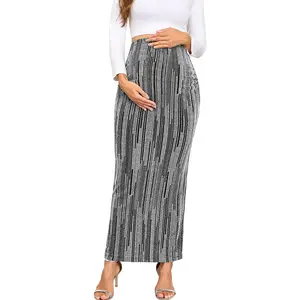 Maternity Sparkly Adjustable Waist Maxi Skirt Over The Belly Stretchy Pregnancy Long Pencil Skirts