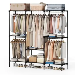 Freestanding Wardrobe with Removable Hanging Rods and Multiple Storage Compartments, Portable Closet Organizer with Adjustable Shelves, Sturdy Metal Frame with Non-Woven Fabric, Perfect for Bedroom Dorm Room and Small Space Clothing Storage
