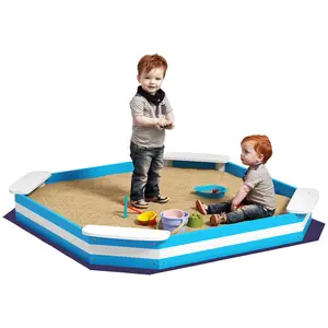 Qaba Sandbox for Kids, Outdoor Wooden Sand Pit with 4 Corner Seats, Bottom Liner for Backyard, Garden