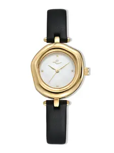 Ettika Open Circle Black Leather Watch – 24k Gold Plated Women’s Wristwatch with Mother-of-Pearl Dial & Japanese Quartz