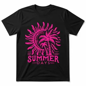 Summer Days Retro Pink Sun Palm Tree Print Streetwear Tee Unisex Mineral Wash Tropical Beach Top Oversized Distressed Y2K Fashion Casual Soft Cotton Tee Shirt Top