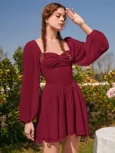 Women's Elegant Chic Mini Dress, Square Neck Lantern Sleeve, Pleated Bust A-Line, Slim Fit Formal Chiffon Dress for Party Club Date Night