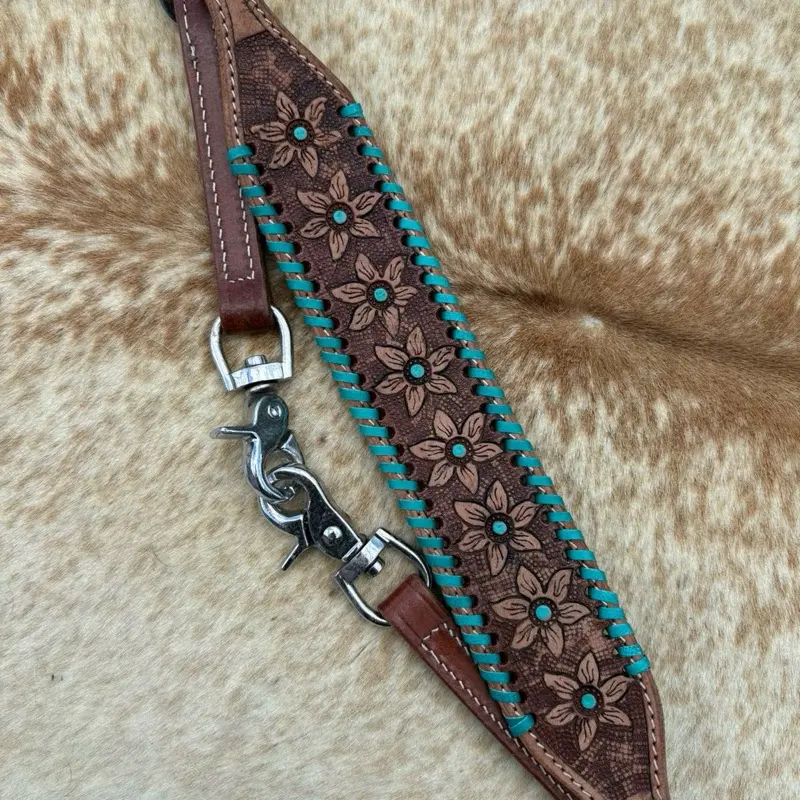 Natural Finish Leather Western Wither Floral Tooling Teal Dots
