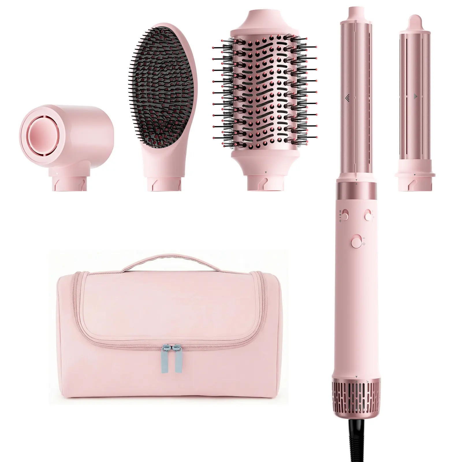 MESCOMB Dual Voltage Hair Dryer Brush - 5 in 1 Hot Air Styler Wrap with Auto Wrap Curlers, Fast Drying, Straightening & Volumizing, 100V–240V Global Travel with Storage Bag-Peach