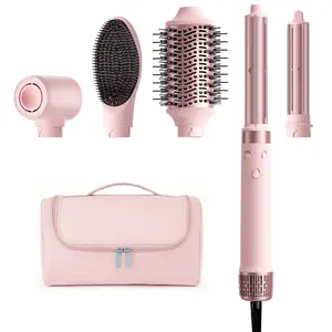 MESCOMB Dual Voltage Hair Dryer Brush - 5 in 1 Hot Air Styler Wrap with Auto Wrap Curlers, Fast Drying, Straightening & Volumizing, 100V–240V Global Travel with Storage Bag-Peach