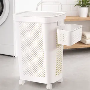 Ultra Wheeled Laundry Hamper with Lid, Plastic Suspended basket， Handle and Wheels for Easy Rolling of Clothes to and from The Laundry Room,White
