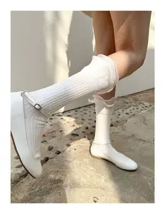 Women's 2-Pair White Elegant Cute Ballet-Style Double-Layer Ruffle Mid-Calf Socks, Summer Thin Pleated Niche Stacked Socks