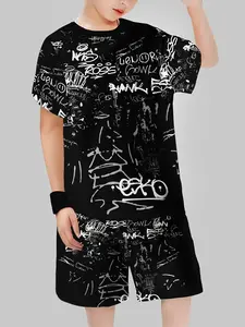 Boys Fashion Siu~ 3D Print Casual Short Sleeve Tee Set, Outdoor Gym Shorts Set, Spring & Fall Wear, Regular Fit, Moderate Fabric, Husky Boy Clothes