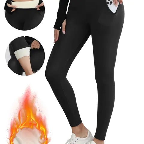 Women's Fleece Thermal Lined Warmer Thick Slim Fit Leggings with Pockets, High Waist Warm Winter Bottoms, Casual Daily Wear for Fall & Winter Seasons, Womenswear