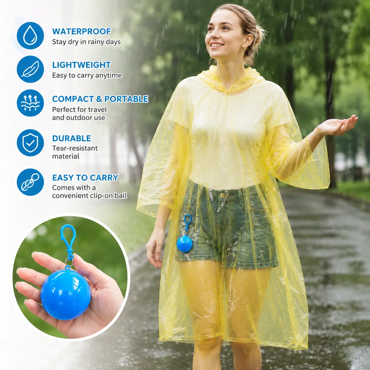1 Count Hooded Disposable Rain Poncho, Waterproof Tear-Resistant Portable Raincoat with Keychain Ball for Outdoor Sudden Rain and Camping Travel