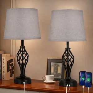 Table Lamps Set of 2, nightstand lamp with USB Ports Bedside 3 Way  dimmer Desk lamp for Living Room Bedroom,Black Painted Spiral cage Base Design Warm White dimmer Bulbs Included.