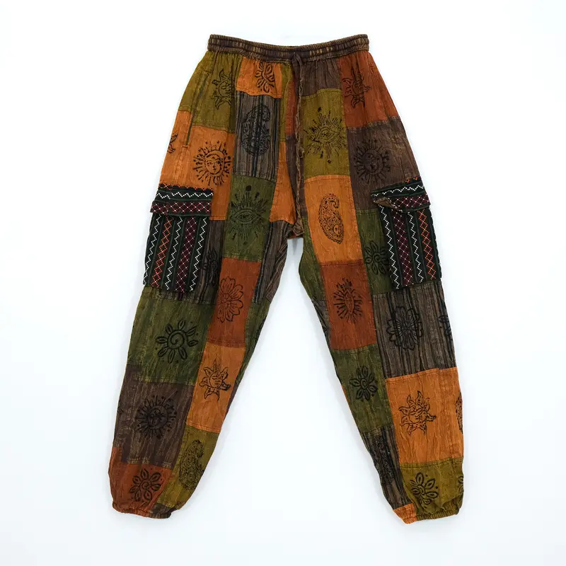 Women's Boho Handmade Patchwork Cotton Pants - Karma Nepal Crafts, Earthy Tone, Block Print, Breathable, Soft, Casual, Pockets, Traditional Cargo Streetwear Unisex Festival Trousers