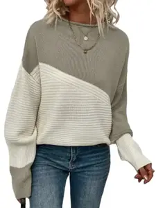 Color Block Loose Pullover Sweater, Elegant Long Sleeve Drop Shoulder Sweater, Women's Clothing