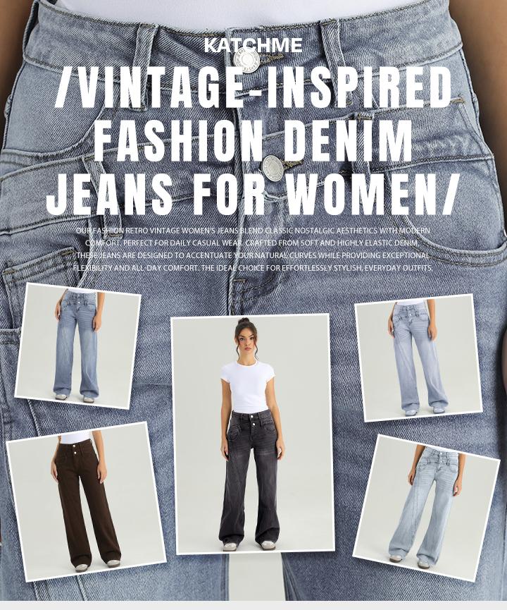 KatchMe Women's Street Chic High Waist Patchwork Wide Leg Jeans, Vintage Fake Two-Piece Denim Trousers, Baggy Jeans Outfits