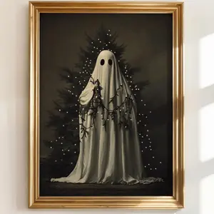 Spooky Christmas Ghost Wall Art Printable, Ghost with Christmas Tree & Lights, Goth Holiday Decor, 5 Size, 8x12 to 27x40 inch, Room Decor, Unframed