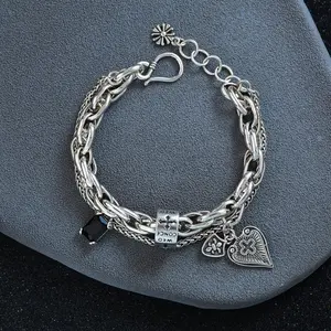 925 Sterling Silver Bracelets for Women Men String Accessories Trend Vintage Heart Cross Shape Pendant Party Jewelry Gift, Unisex Accessory