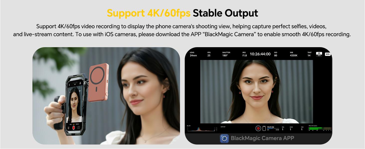 Wireless Selfie Monitor Screen for Android/iPhone17/16, Magnetic Back Camera Monitor with 4K/60fps, 5H Battery, 164FT Range, Built-in Speaker, Vlog Monitor for YouTube TikTok