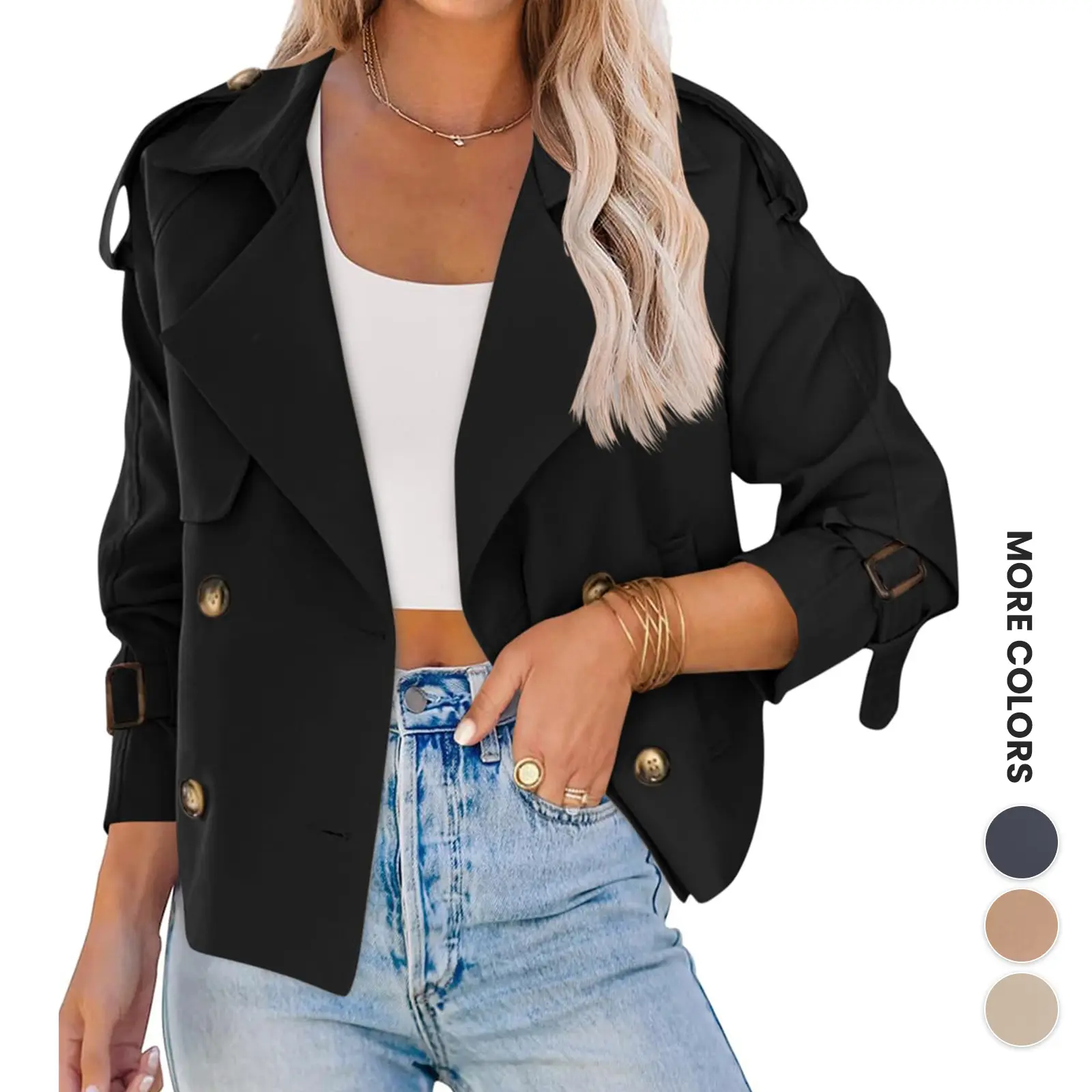 Renaishow Women's Crop Double-Breasted Trench Coat - Raglan Sleeve, Pockets, Womenswear, Work Office, Casual Dressy Style, Trendy Spring Fall Short Jacket