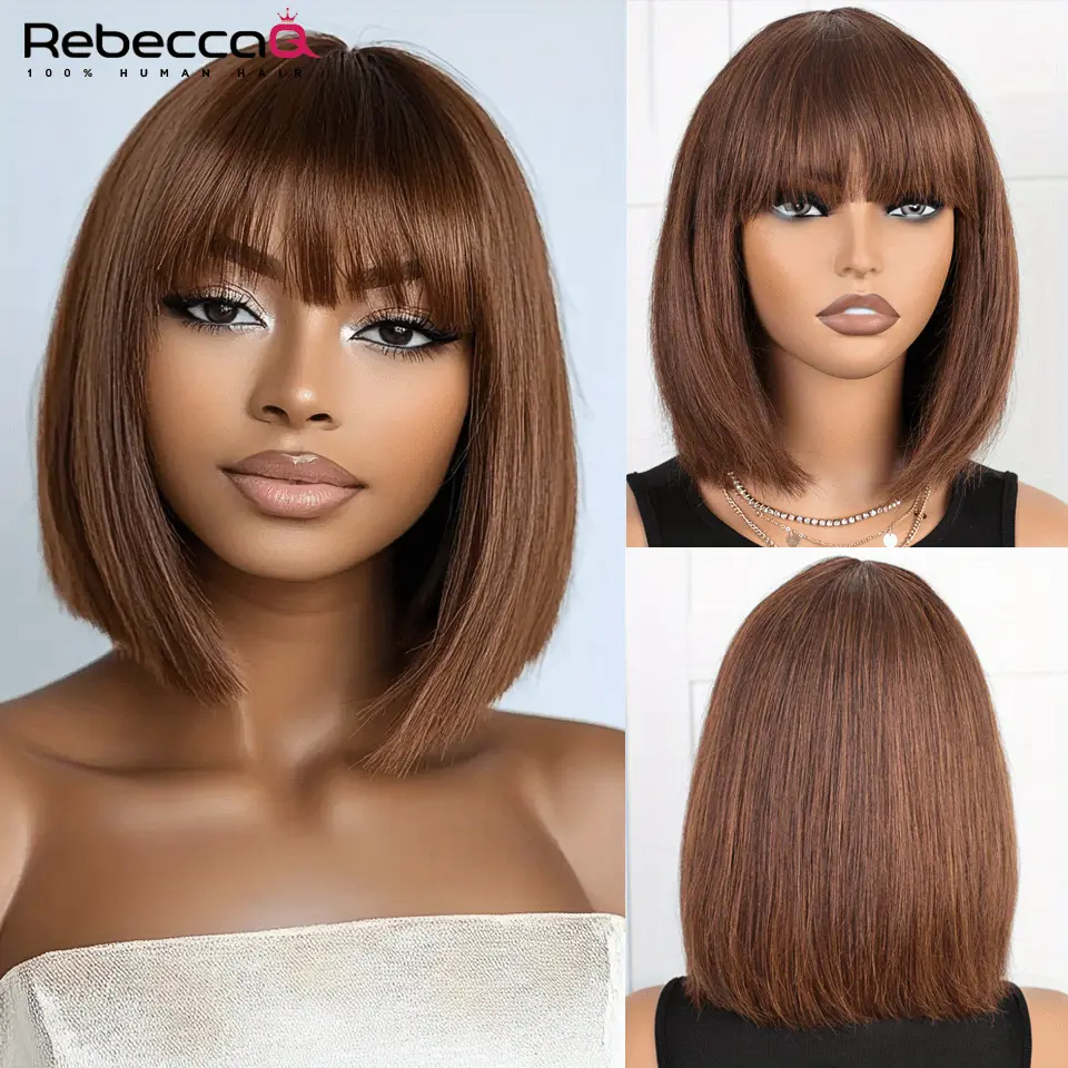 New 2025 Arrivals REBECCAQ Short Straight Human Hair Bob Wig with Bangs - 130% Density Remy Machine-Made Rose Net Cap Brown Wig for Women & Men, Natural Look Casual Attire, Versatile Hairpiece |   Comfortable Fit Cap