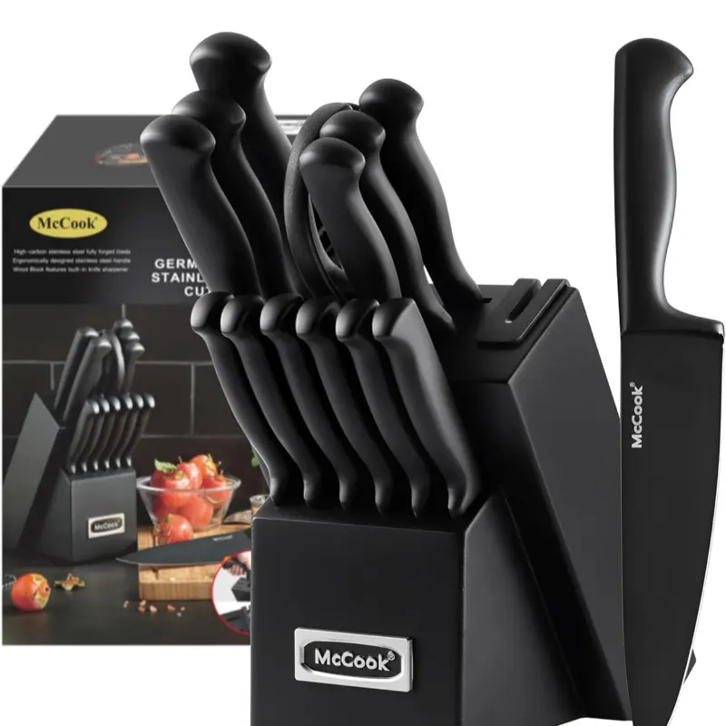 McCook Knife Sets,German Stainless Steel Knife Block Sets with Built-in Sharpener, Black