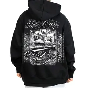 Men's Oversized Loose Blue Dream Hoodie - Chicano Cholo Streetwear, Graphic Tops, Lowrider Menswear, Unisex Cotton Fabric, Gangster Style Men's Gifts