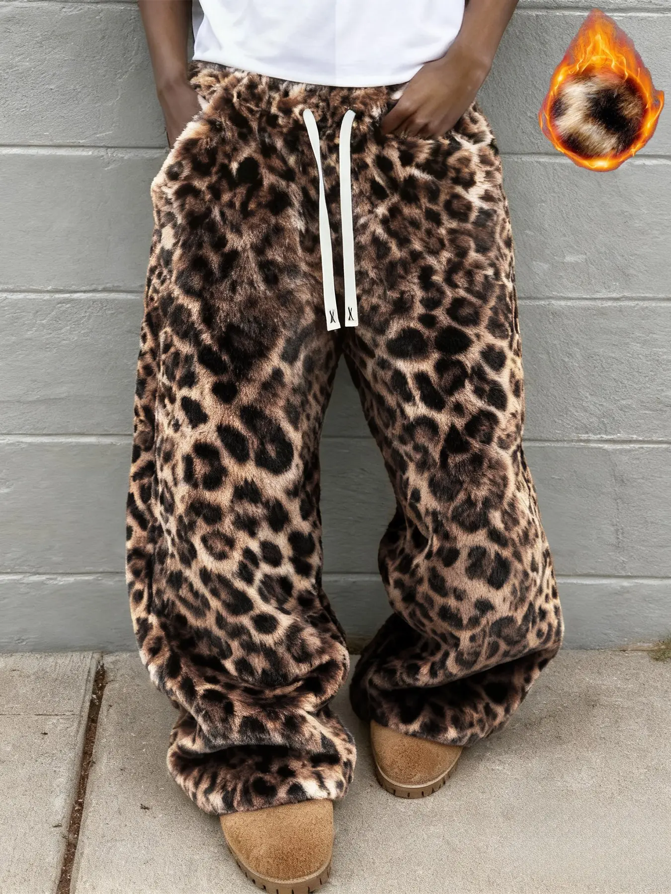 Men's Leopard Print Plush Wide Leg Pants, Soft Rabbit Fur Fabric, Warm & Comfortable for Autumn Winter, Streetwear Style, Casual Loungewear Pants