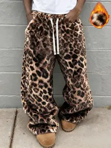 Men's Leopard Print Plush Wide Leg Pants, Soft Rabbit Fur Fabric, Warm & Comfortable for Autumn Winter, Streetwear Style