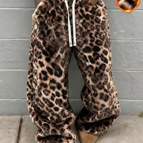 Men's Leopard Print Plush Wide Leg Pants, Soft Rabbit Fur Fabric, Warm & Comfortable for Autumn Winter, Streetwear Style, Casual Loungewear Pants, Menswear