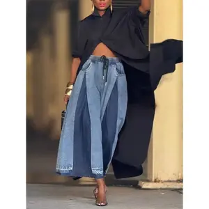 High-WaistedWide-LegColorBlockDenimPantsw/Drawstring&FrayedHem|CasualStreetStyle