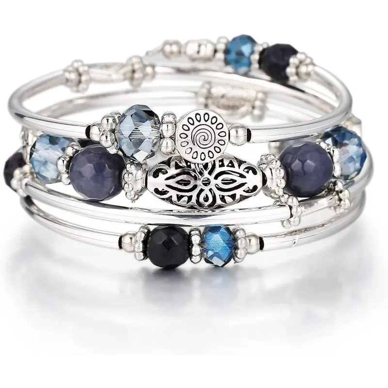 Women's Boho Wrap Bracelets - Silver Layered Set with Faceted Beads, Boho Chic Crystal, Adjustable Size, Everyday Fashion Jewelry Gift for Her,summerwins