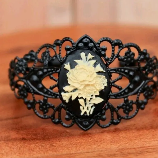 Floral Cameo Vintage Inspired Cuff Adjustable Bracelet