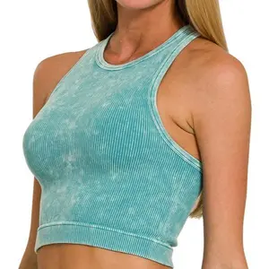 Washed Ribbed Seamless Cropped Tank Top - Teal
