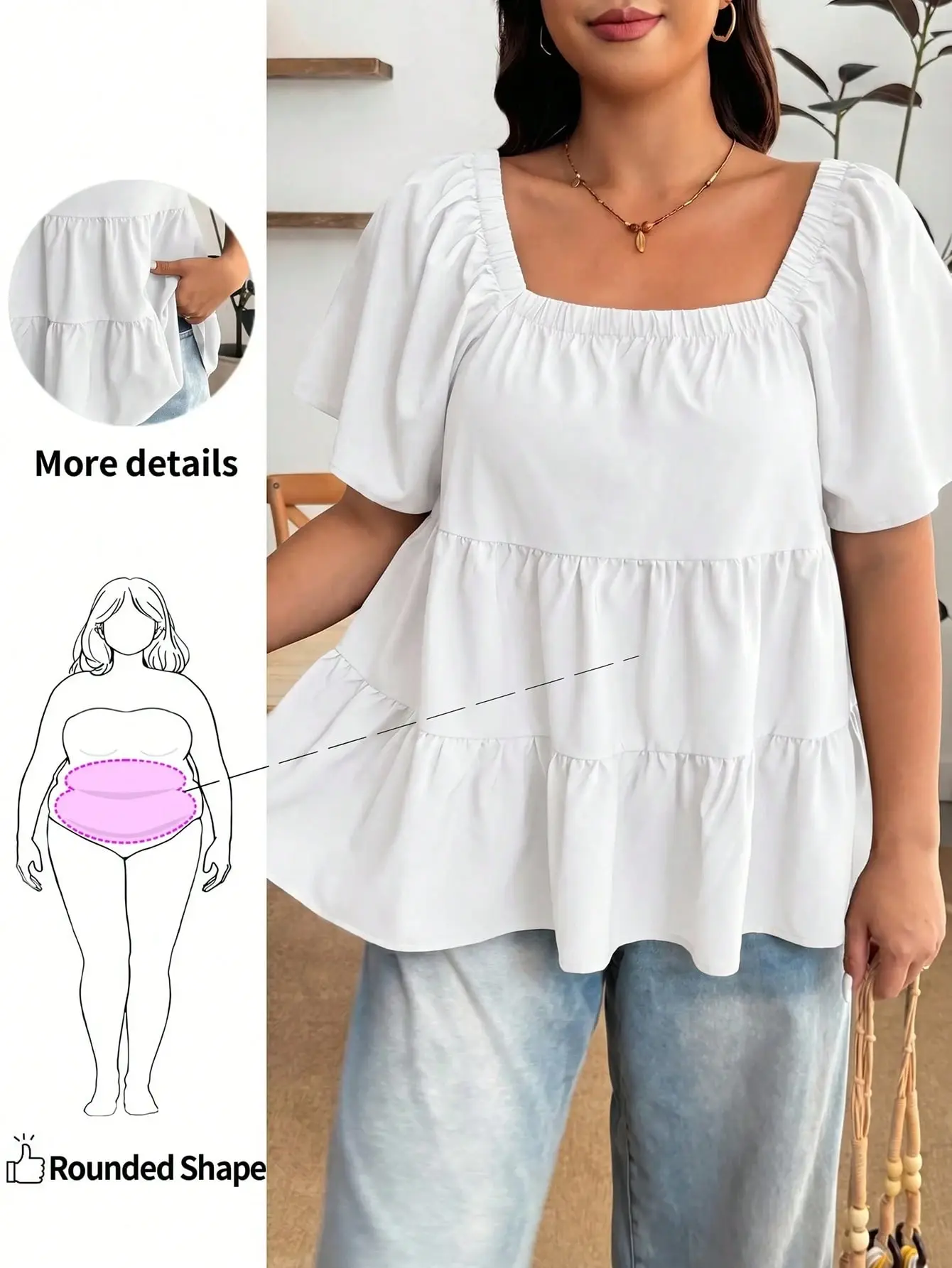 VYNCE Beige Plus Size Square Neck Tiered Ruffle Short Sleeve Top Loose Fit Summer Outfit Beach Vacation