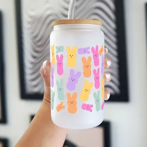 Sip-Sip Hooray! Easter 2025 Cups – 16oz, 40oz Aesthetic Glass & Bamboo Tumblers with Lids & Plastic and Glass Straws, Reusable Iced Coffee Must-Have, Easter Gifts Water Bottle Drinkware