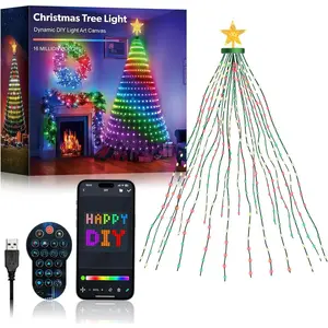 Christmas Tree Lights 7FT 400LED, DIY Color Changing Waterfall Xmas Tree Lights with Ring & Top-, Remote & APP Control, -IC Dynamic String Light,  Sync for Indoor Decor