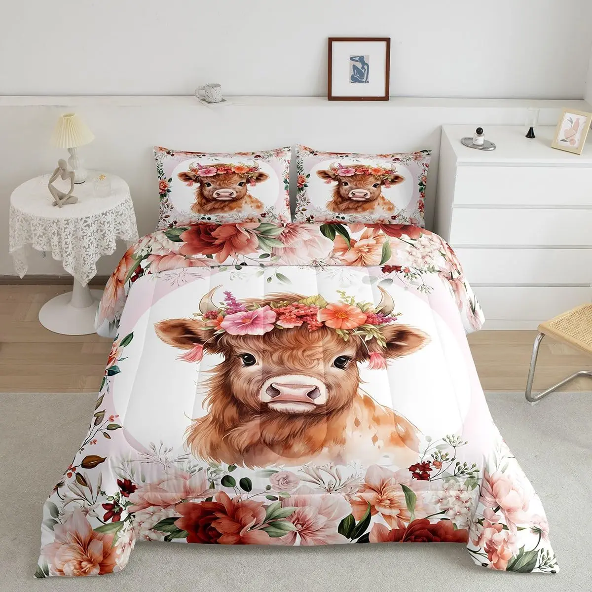 Queen-Size Cozy Bedding Set - Breathable Cow Animal Print Quilt Set Bedspread with Floral Accents for Farm Garden Themed Bedrooms