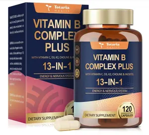 13-in-1 Vitamin B Complex Plus with Vitamin B1, B2, B3 (Niacinamide), B4, B5, B6, B7 (Biotin), B8 (Inositol), B9 (Folate), B12, C, D3, K2 - Energy, Nerve, Immune, Skin Support - 120 Vegan Capsules