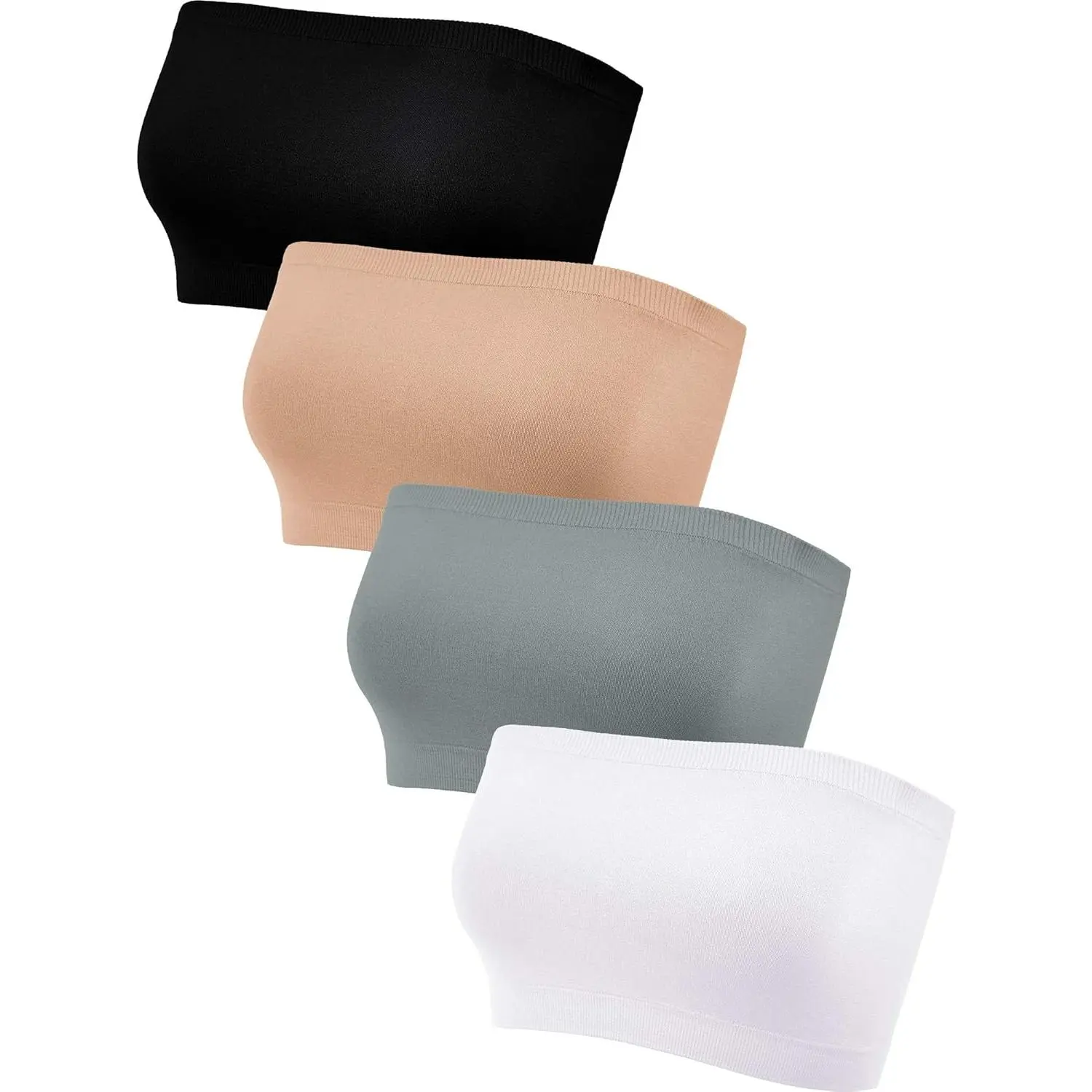 4 Pieces Strapless Bandeau Bra, Seamless Bralettes Stretchy Non Padded Bandeau Tube Top Womenswear Bridal Basic Black/Beige/Grey/White Minimalist, Underwear For Women