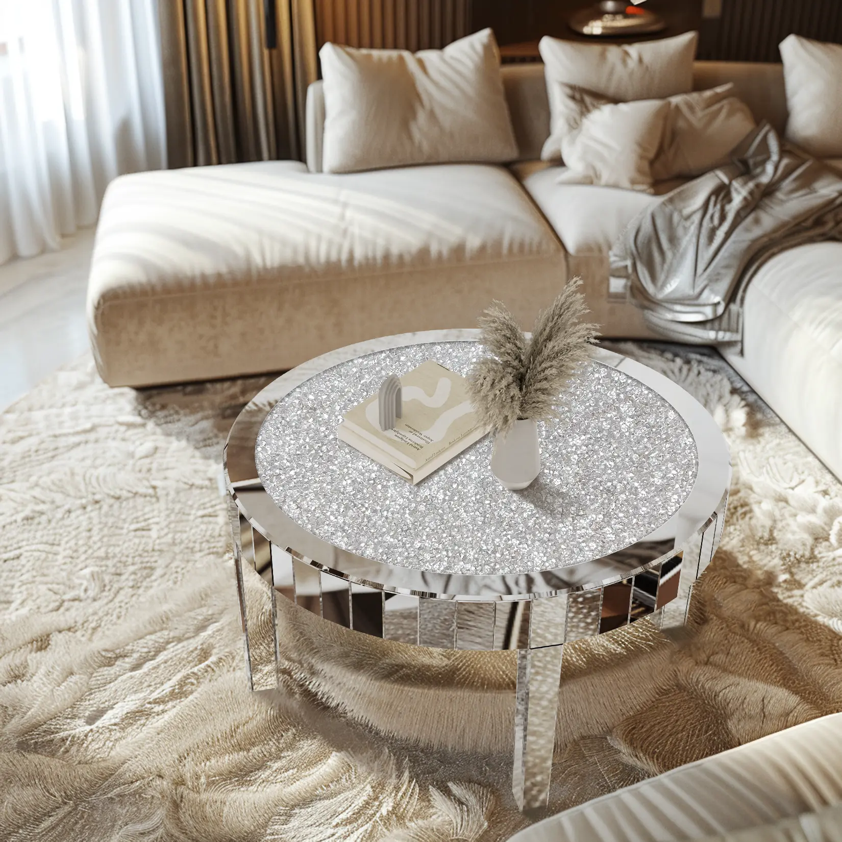 Mirrored Crystal Inlay Coffee Table, Indoor House Decor Center Side Table