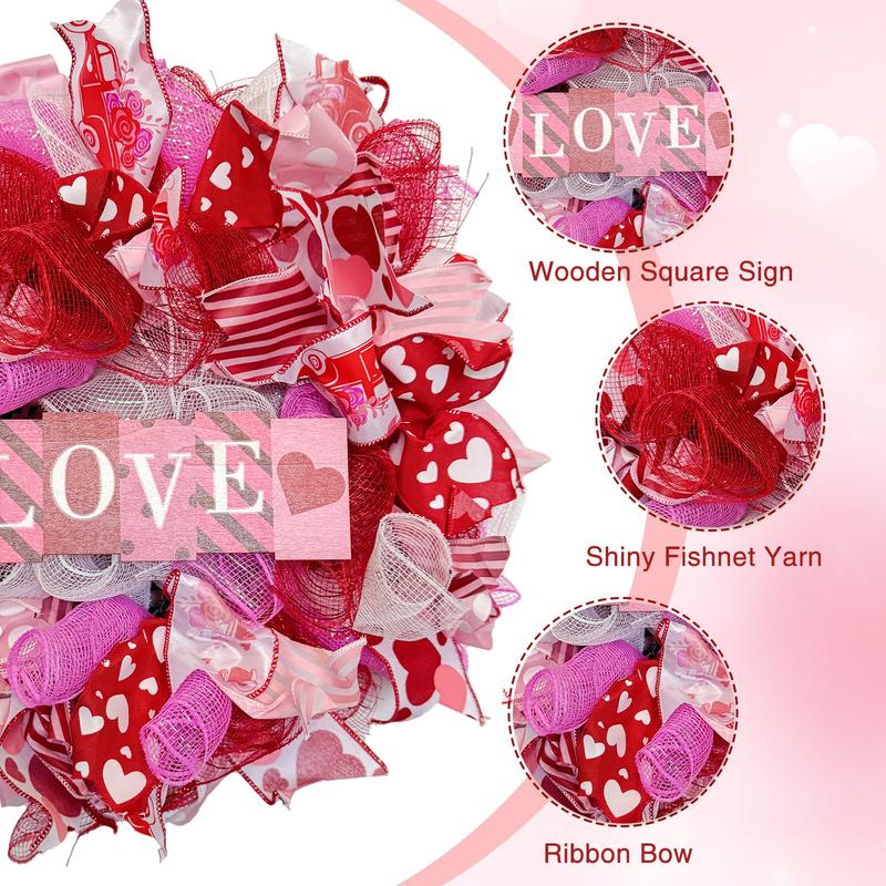 ZMOCEN-17 Inch Valentines Day Mesh Wreath, Valentines Wreaths for Front Door with Love Wooden Sign Fishnet Yarn, Valentines Day Wedding Decorations for Indoor and Outdoor