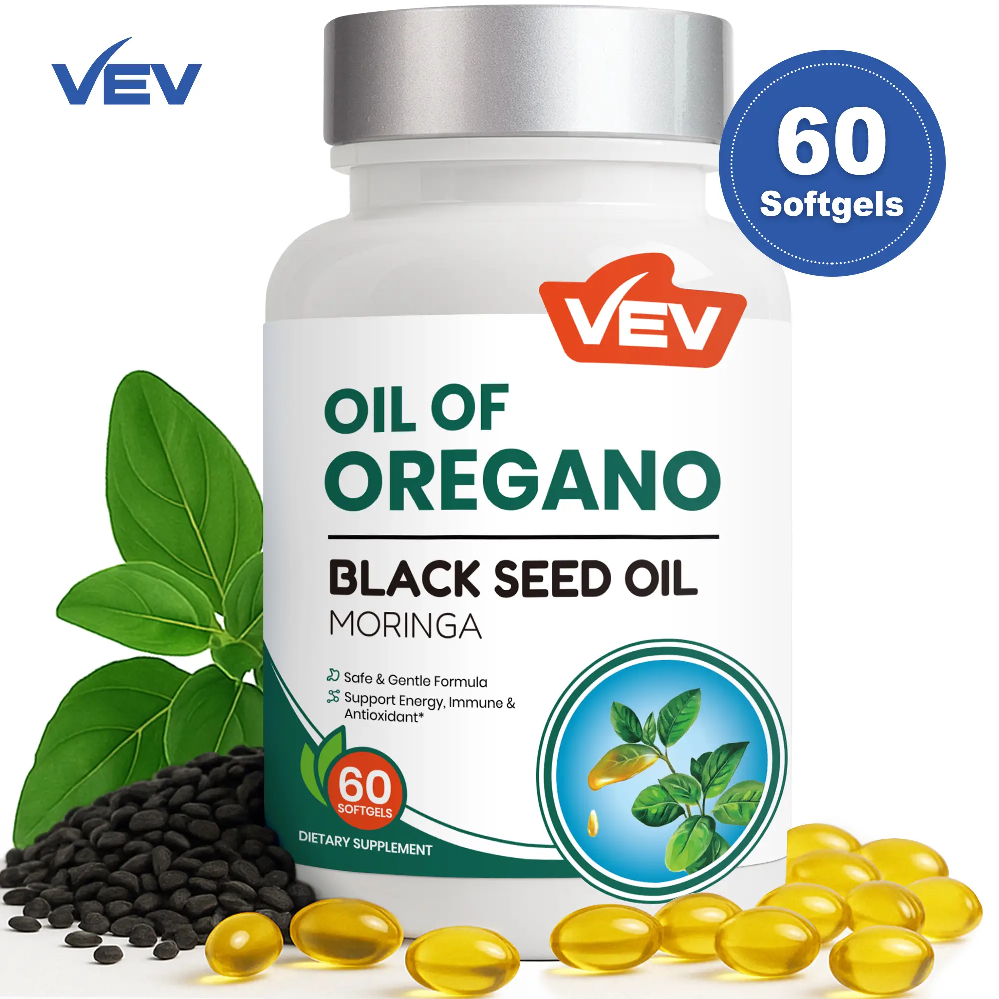 VEV Oil of Oregano, with Black Seed Oil, Moringa and Ginger, Carvacrol-Rich, Aceite de Oregano, 60 Softgels