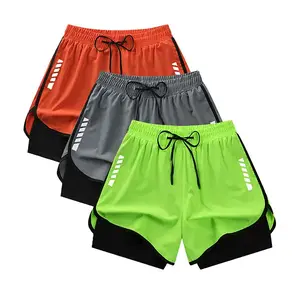 Men’s solid-color 2-in-1 quick-dry athletic shorts — moisture-wicking and breathable for outdoor activities; quick-drying, airy sports shorts that are comfortable., Polyester Fabric, Elastic Waist
