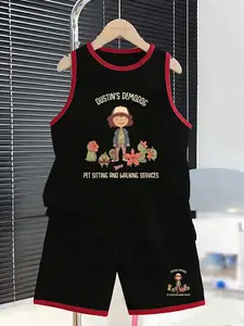 Summer Boys' Sports Set, Stranger Things Dustin & Pet Pattern, Casual Cartoon Print, Sleeveless Vest & Short Pants Two-Piece
