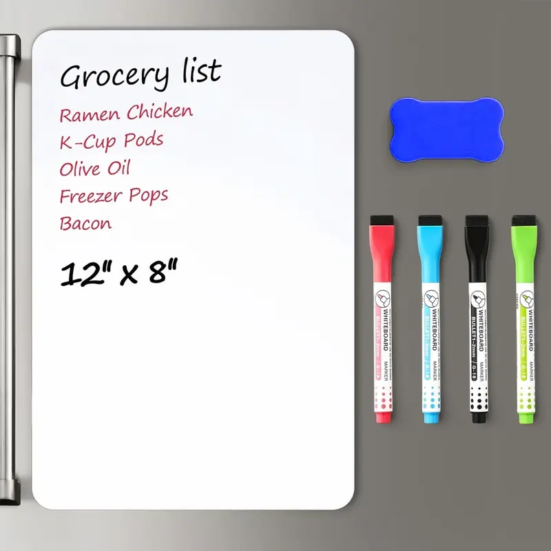 Magnetic Dry Erase Board for Fridge - 12"x8" Refrigerator Whiteboard with 4 Markers & Eraser | Flexible Kitchen Organizer, Memo Board, Planner (1 Pack, Clear)