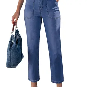 luvamia Straight Leg Jeans for Women Trendy High Waisted Stretchy Denim Pants Ankle Length Patch Pocket Trouser Jeans Bottoms Fabric Smooth jeans for women Fits Womenswear