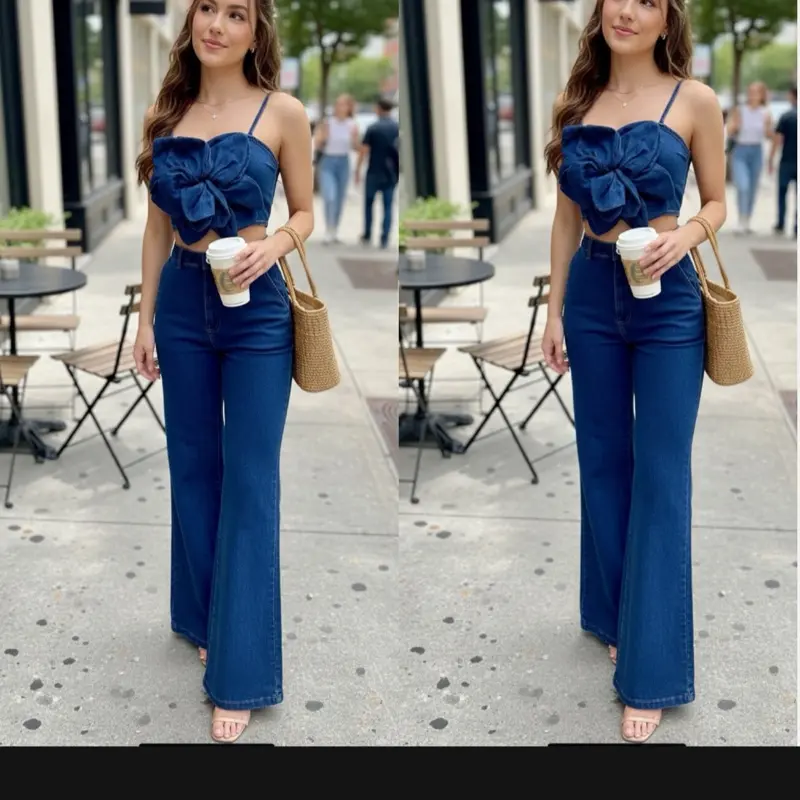 0330-Top and denim pants set Flower