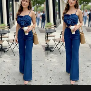 0330-Top and denim pants set Flower