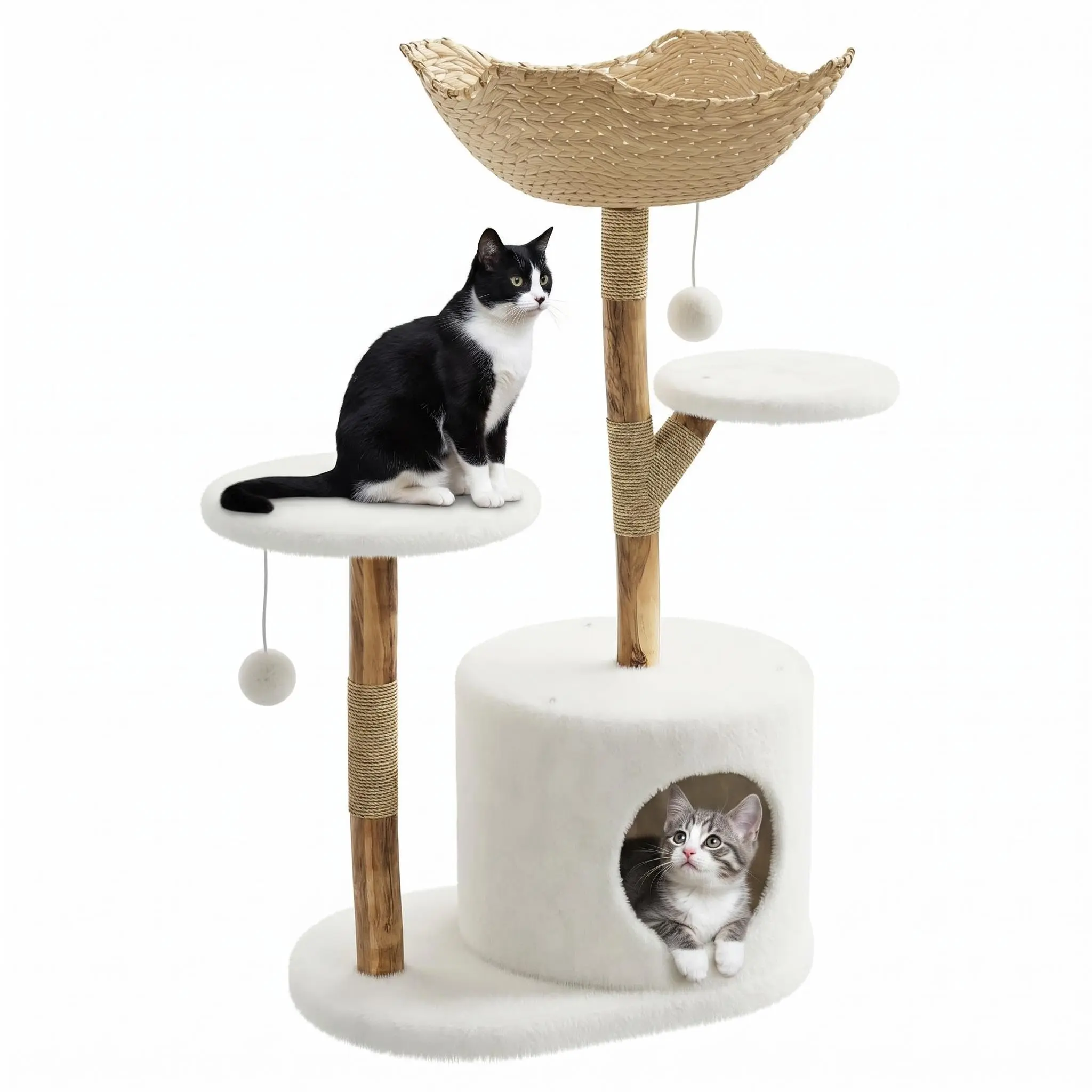 Luxury Modern Solid Wood Cat Tree Tower for Indoor Large Cats - Sturdy Wood & Rattan, Multi-Level Climbing Condo, Spacious Woven Basket, Sisal Scratching Posts, Rustic Aesthetic Pet Furniture, Tree Branch Design, Cozy Retreat for Relaxation