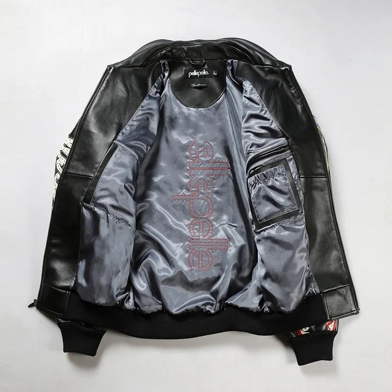 Pelle Pelle Italian Men's Real Sheep Leather Bomber Jacket US Size Black Long Sleeve Traditional Fit for Baseball Rap Rock Music Coats