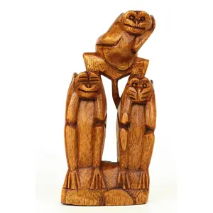 Wooden Hand Carved 3 Standing Monkeys See, Hear, Speak No Evil Figurines Handmade Art Statue Rustic Sculpture Home Decor Accent Handcrafted
